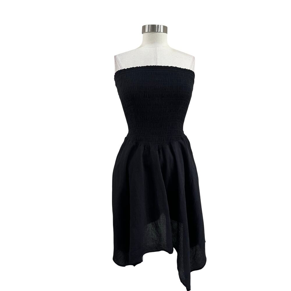 Max + Ash Black Smocked Strapless Dress Sharkbite Hem Mini Flowy Chic